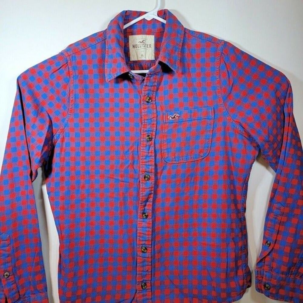 Hollister Men's XL LongSleeve Button Up Flannel Red Blue 100% Cotton